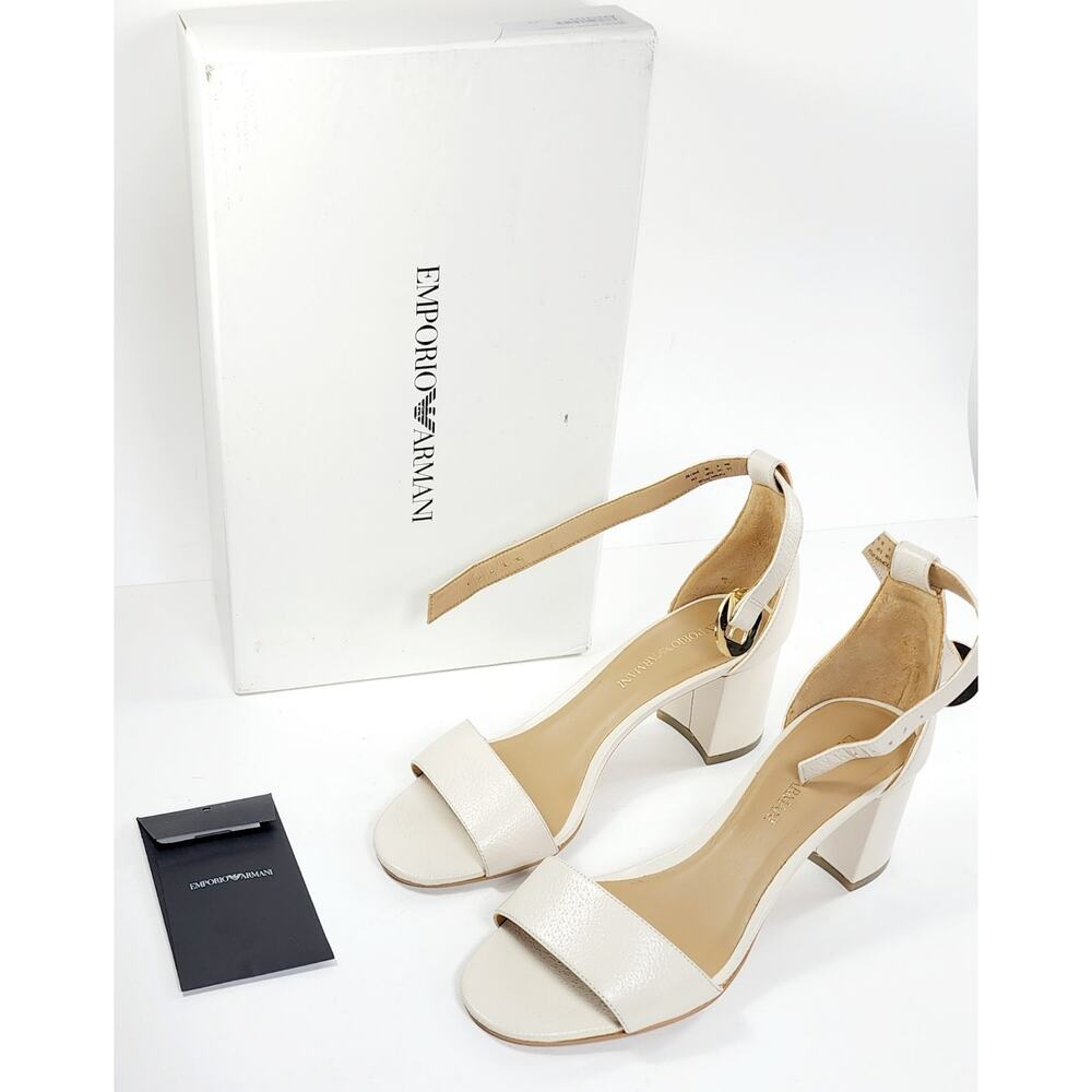 Emporio Armani Women's White Leather Ankle Strap Square Logo Heel EU39US 8.5
